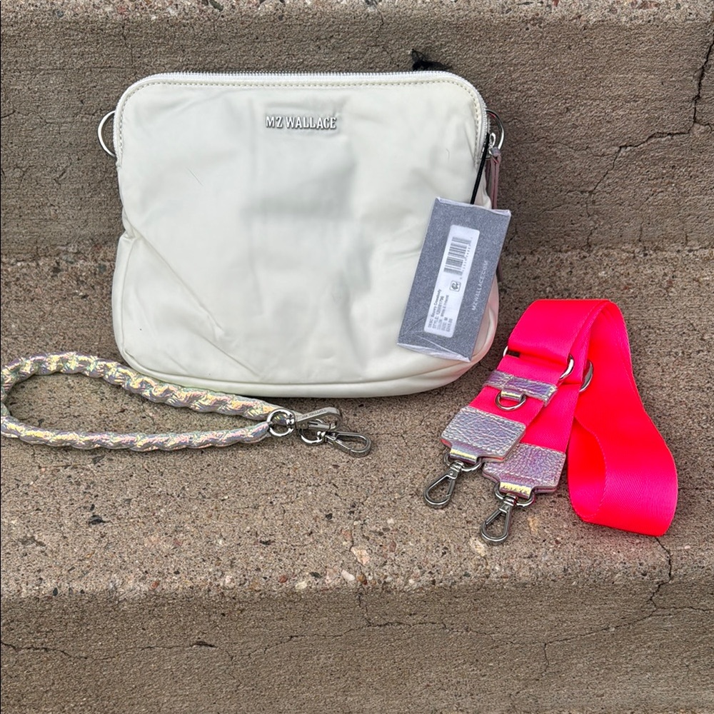 MZ Wallace White Crossbody Bag with Pink Strap